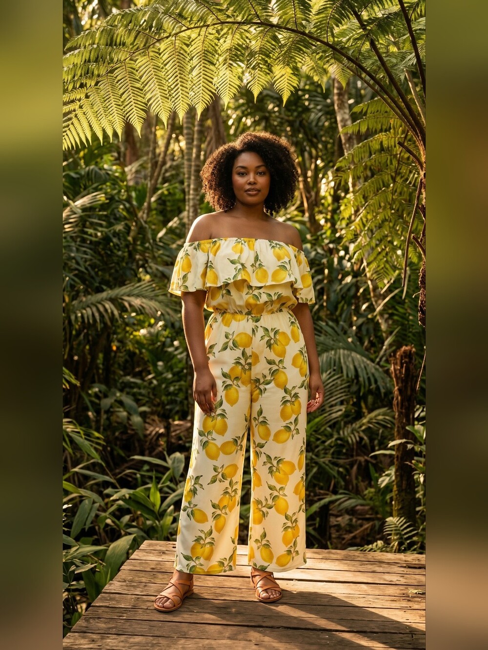 Sassified Boutique Off-Shoulder Lemon Print Jumpsuit in Yellow